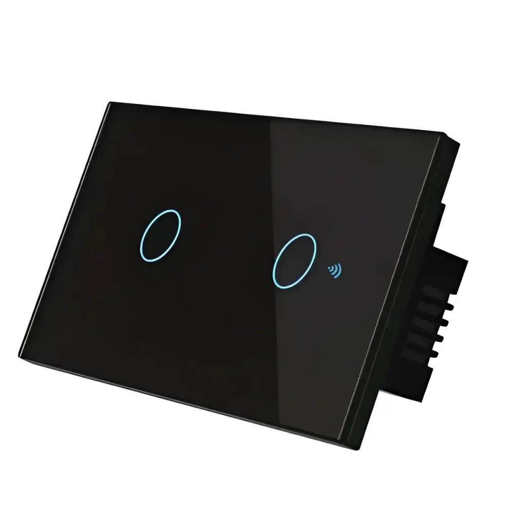 Beige glass smart voice control touch switch with black glass two illuminated buttons including wireless icon
