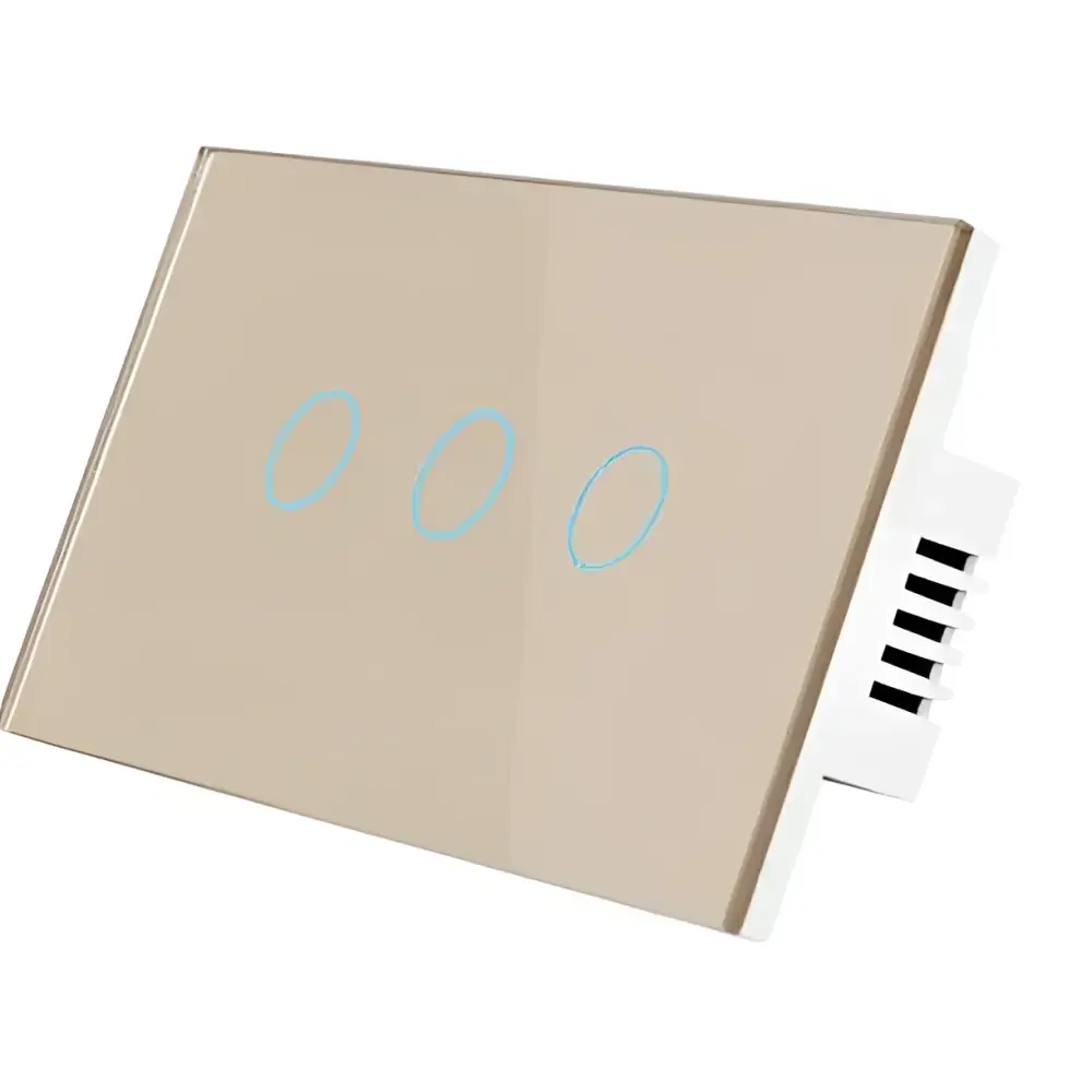 Beige glass smart voice control touch switch panel with two circular touch-sensitive buttons and white plastic backplate