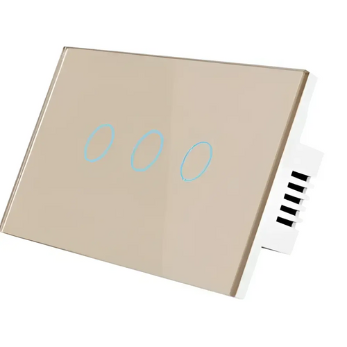 Beige glass smart voice control touch switch with gold-finished glass panel and three circular control touch areas