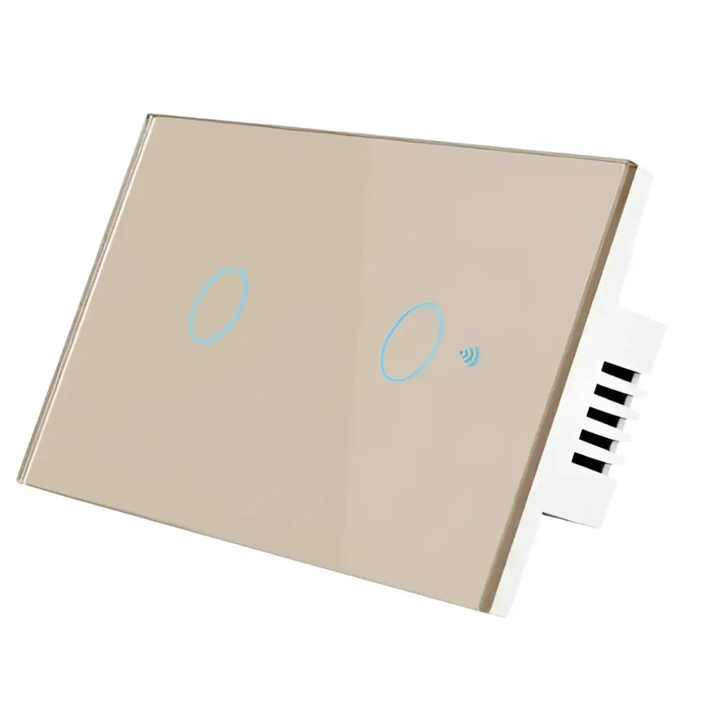 Beige glass smart voice control touch switch panel with two circular touch-sensitive buttons and white plastic backplate