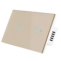 Beige glass smart voice control touch switch panel with two circular touch-sensitive buttons and white plastic backplate