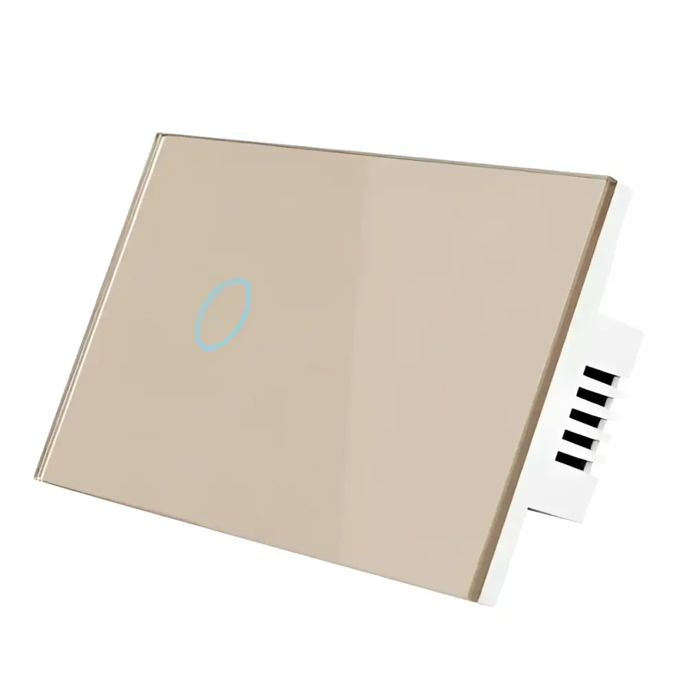 Beige glass smart voice control touch switch with gold finish and subtle circular glow on the glass surface