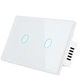 White glass double switch panel with two circular touch buttons featured in beige glass smart voice control touch switch