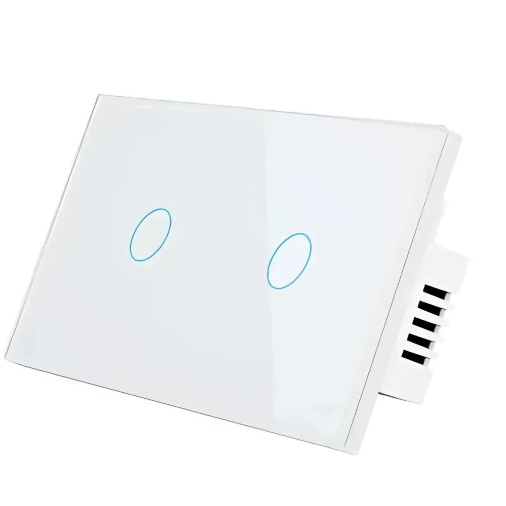White glass double switch panel with two circular touch buttons featured in beige glass smart voice control touch switch