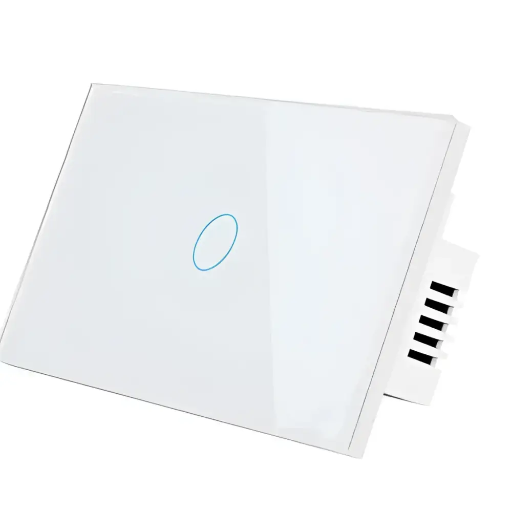 Beige glass smart voice control touch switch with white glass-touch surface and subtle blue circular accent