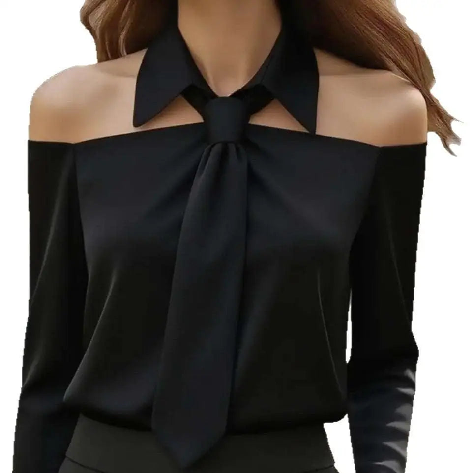 Black satin off-the-shoulder blouse with tied bow neckline featuring halter neck strap and strap lapel design