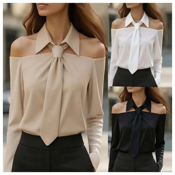Beige off-the-shoulder blouse with halter neck strap and strap lapel design featuring tie-front detail and long sleeves
