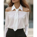 White off-the-shoulder blouse with collar and tie-front detail featuring a beige halter neck strap lapel design