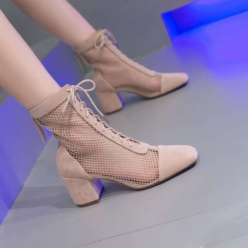 Beige mesh summer long sandal boots with suede and mesh lace-up design and chunky heel for stylish wear