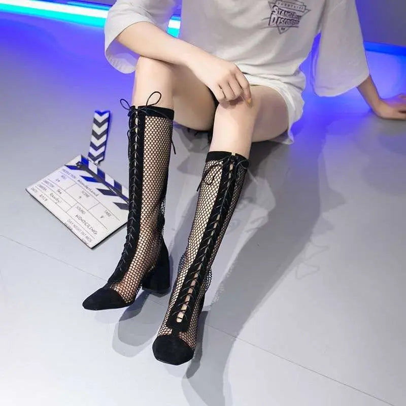 Black mesh long sandal boots with knee-high lace-up suede accents for beige mesh summer long style