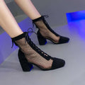 Black mesh summer long sandal boots with suede accents and chunky heel for stylish beige mesh summer wear