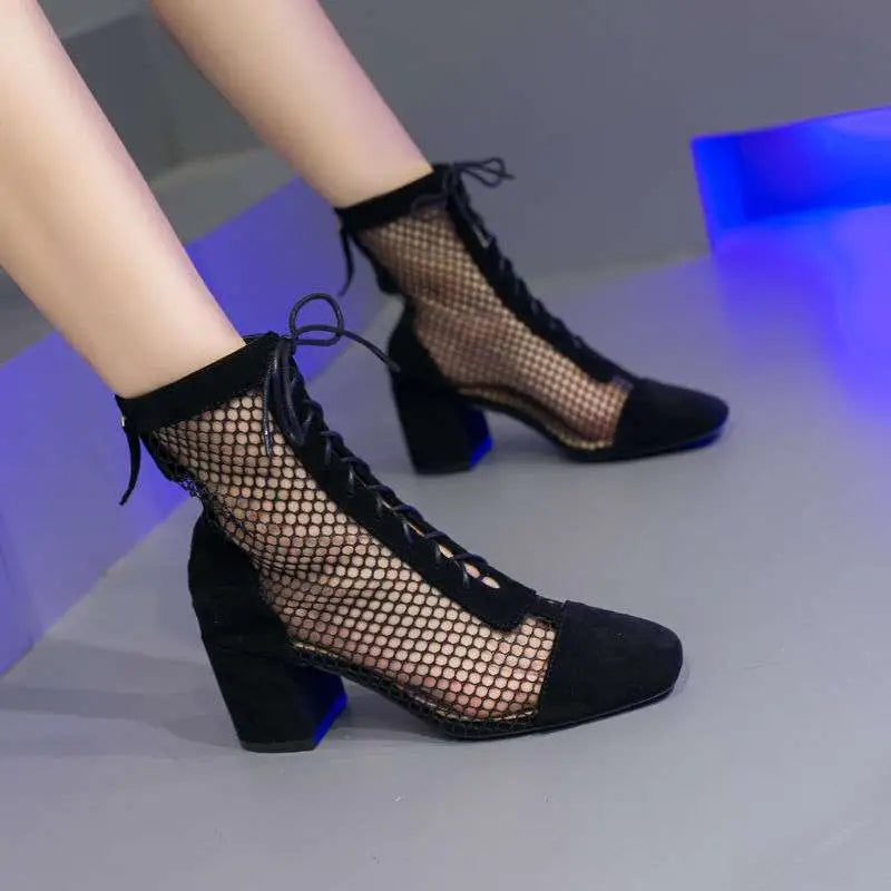 Black mesh summer long sandal boots with suede accents and chunky heel for stylish beige mesh summer wear