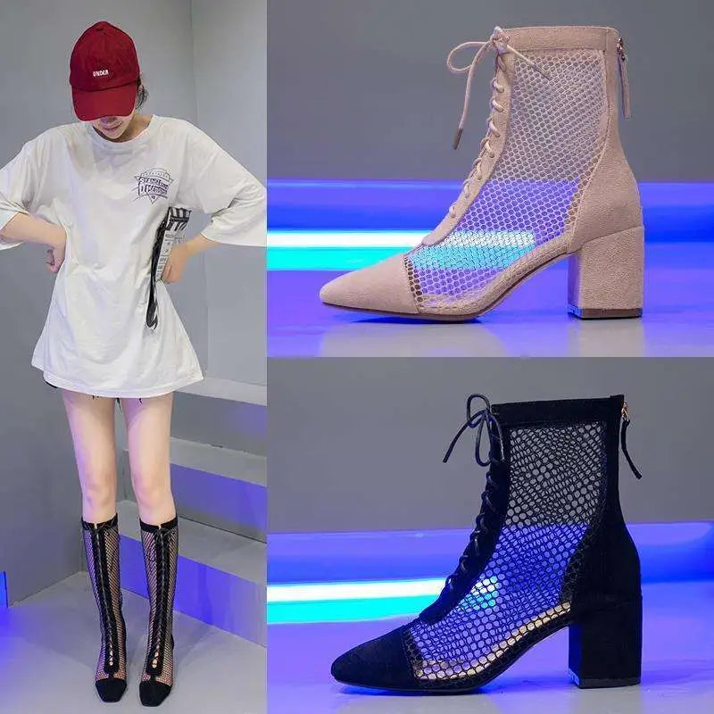 Beige mesh summer long sandal boots with suede finish mesh lace-up design and chunky heel for stylish wear