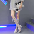 Silver mesh long sandal boots with lace-up front and block heel in a mesh summer long style