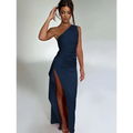 Navy blue satin one-shoulder backless slit gown with ruched draped bodice and high slit detailing