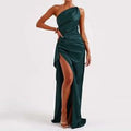 Beige one-shoulder backless slit satin gown with draped bodice and high slit in emerald green satin fabric