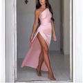 A flowing one-shoulder backless slit beige satin gown with a draped bodice and high slit for elegant occasions