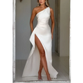 A sleek white satin one-shoulder backless slit gown featuring a draped bodice and high slit