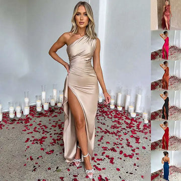 Beige one-shoulder backless slit satin gown with a shimmering draped bodice and high slit design