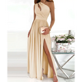Beige cocktail maxi dress with a draped neckline and a one shoulder high split for elegant evening wear