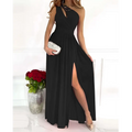 Black cocktail maxi dress with one shoulder high split and draped neckline in floor-length design