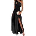 Black cocktail maxi dress with draped neckline, one shoulder design, and high split for elegant evening wear