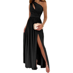 Black cocktail maxi dress with draped neckline, one shoulder design, and high split for elegant evening wear
