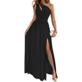 Black one shoulder cocktail maxi dress with draped neckline and high slit perfect for formal events