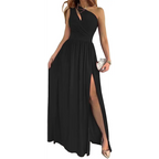 Black one shoulder cocktail maxi dress with draped neckline and high slit perfect for formal events