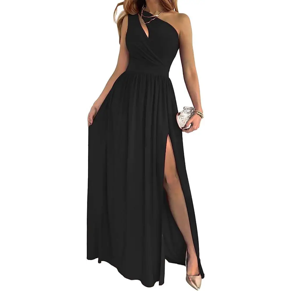 Black one shoulder cocktail maxi dress with draped neckline and high slit perfect for formal events