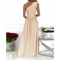 Beige one shoulder cocktail maxi dress with draped neckline and shoulder high split featuring a flowing skirt