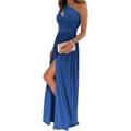 A royal blue one shoulder cocktail maxi dress with draped neckline and a high slit for elegant evening wear