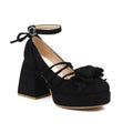 Beige suede platform lolita heels with chunky heel ankle strap and decorative bow on the toe in small size