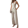 Beige sleeveless pleated casual vest with v-neckline and wide-leg vest suit trousers in a button-front design