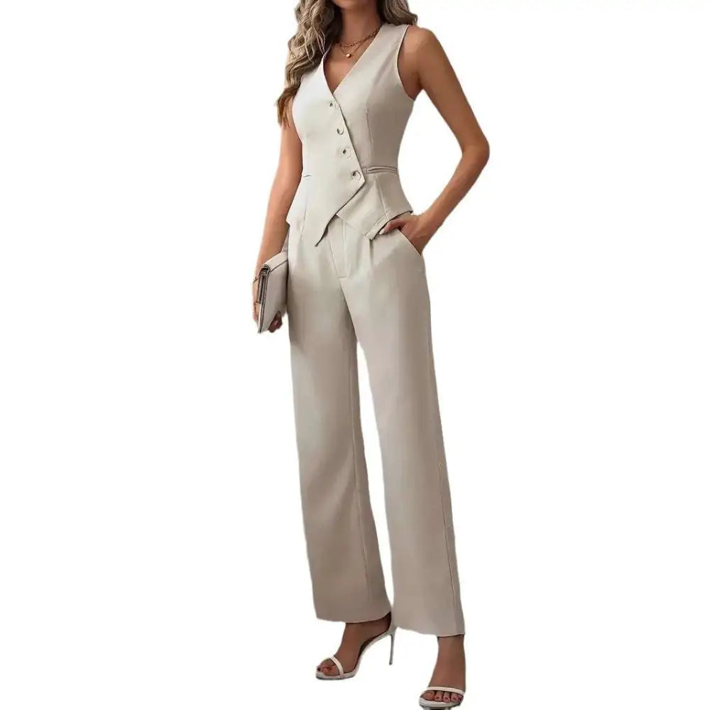 Beige sleeveless pleated casual vest with v-neckline and wide-leg vest suit trousers in a button-front design