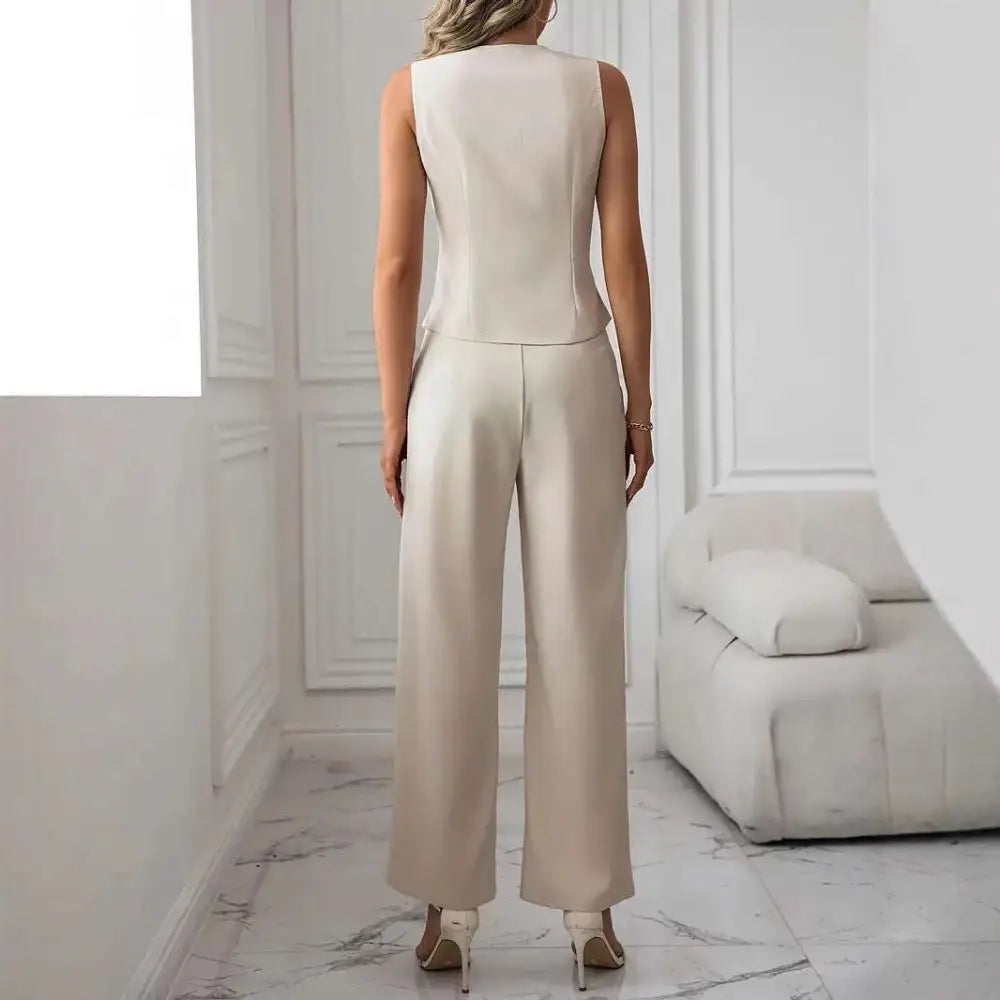 Beige sleeveless pleated casual vest suit with wide-leg trousers crafted from smooth structured fabric