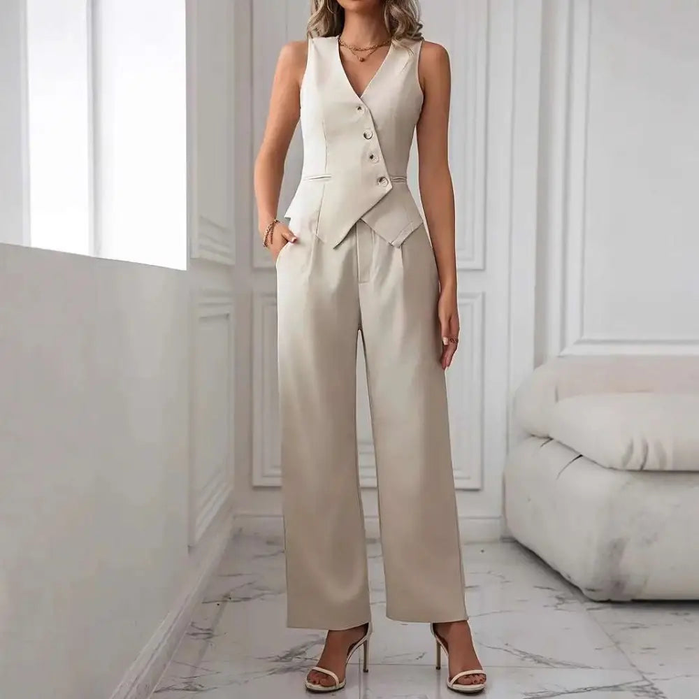 Beige sleeveless pleated casual vest with button closure and matching wide-leg vest suit trousers