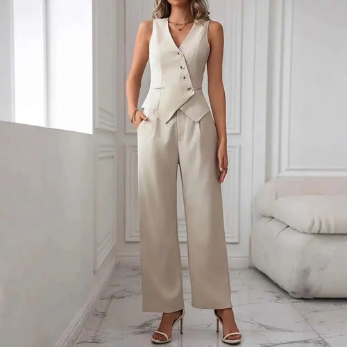 Beige sleeveless pleated casual vest with button closure and matching wide-leg vest suit trousers