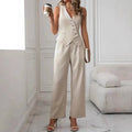 Beige sleeveless pleated casual vest with button front paired with matching wide-leg vest suit trousers