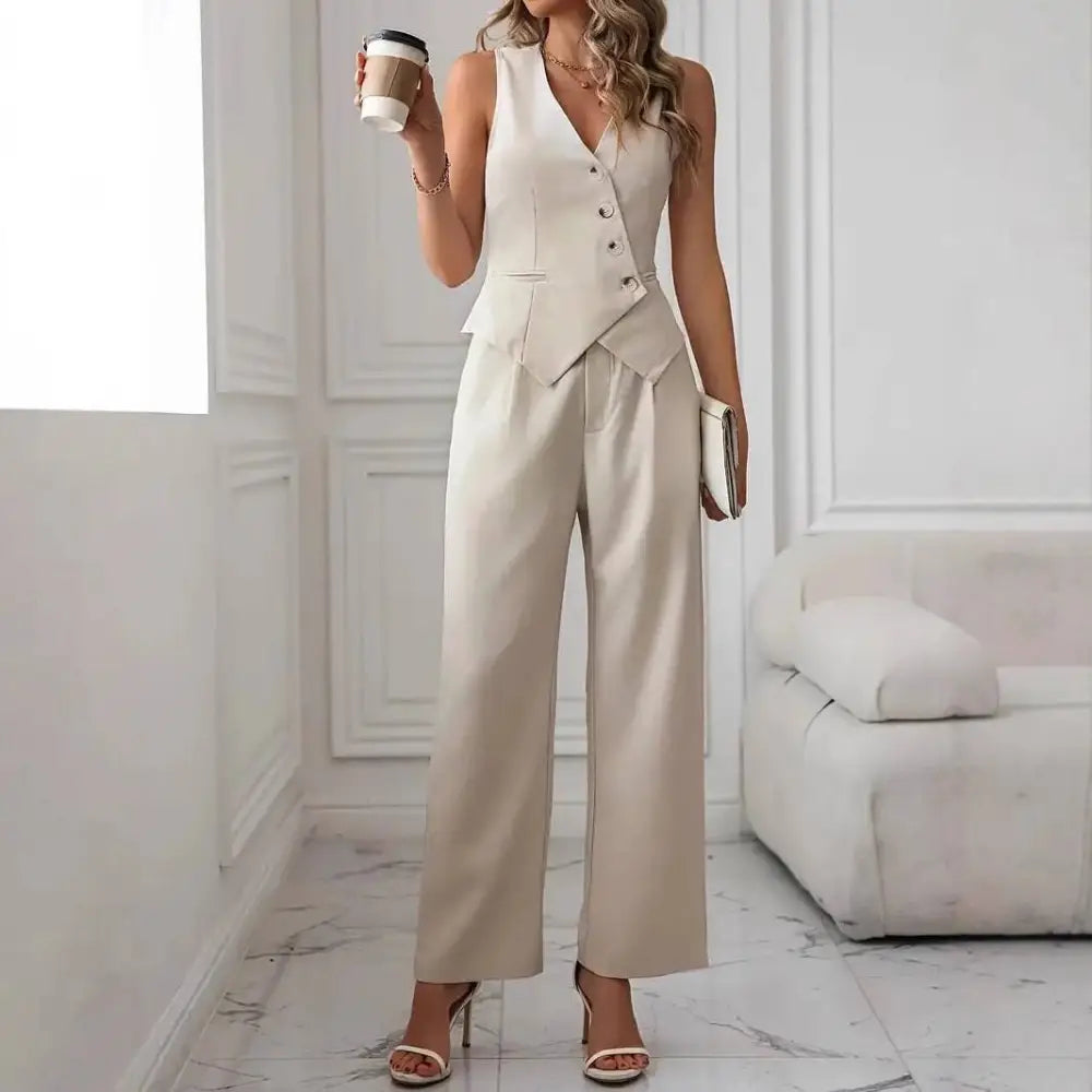 Beige sleeveless pleated casual vest with button front paired with matching wide-leg vest suit trousers