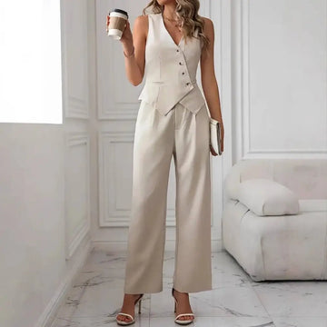 Beige sleeveless pleated casual vest with button front paired with matching wide-leg vest suit trousers