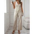 Beige sleeveless wide-leg vest suit with button detailing and pleated casual vest suit pants for versatile wear