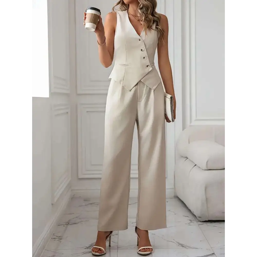 Beige sleeveless wide-leg vest suit with button detailing and pleated casual vest suit pants for versatile wear