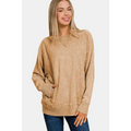 Beige pocketed round neck sweatshirt with oversized fit ribbed cuffs hem and front pockets in soft fabric