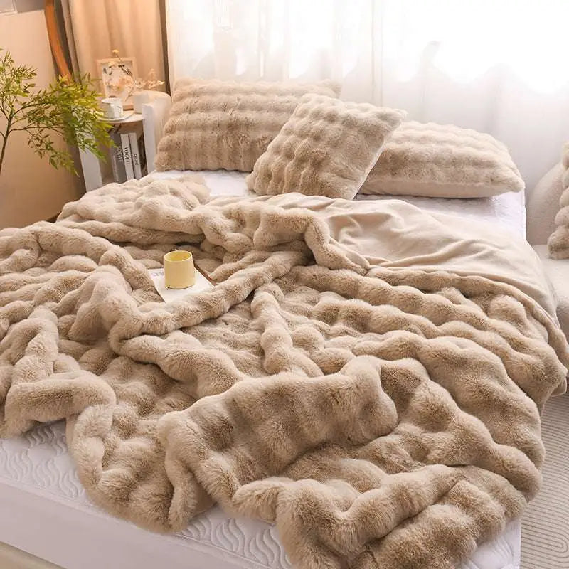 Beige rabbit velvet blanket thickened faux fur throw with plush textured surface and soft fluffy fibers