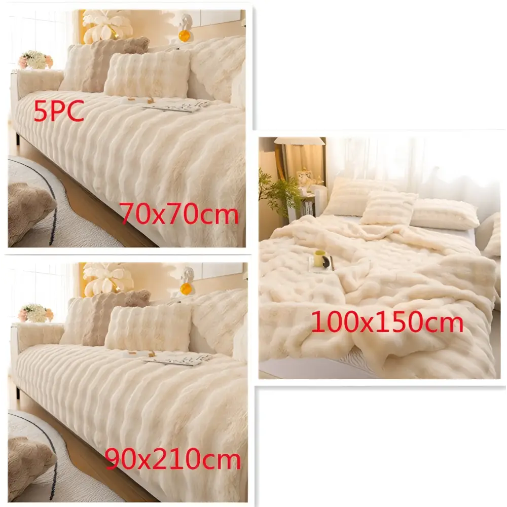 Cream-colored beige rabbit velvet blanket thickened plush faux fur throw with soft wavy texture for sofa and bed use