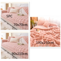 Pink plush textured sofa cover set with matching pillowcases paired with beige rabbit velvet blanket thickened faux fur throw