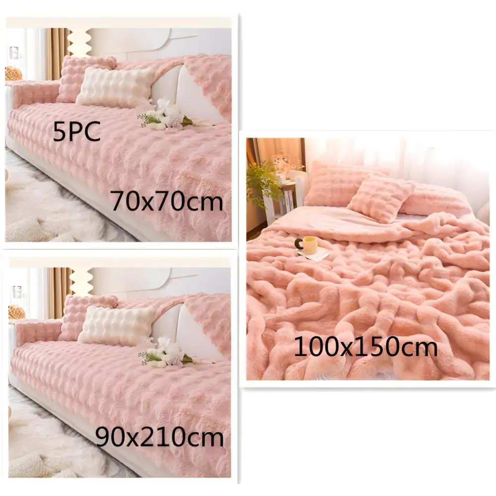 Pink plush textured sofa cover set with matching pillowcases paired with beige rabbit velvet blanket thickened faux fur throw