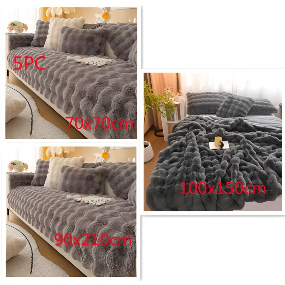 Gray plush faux fur sofa cover with textured wavy pattern resembling a velvet blanket thickened rabbit velvet blanket faux fur throw