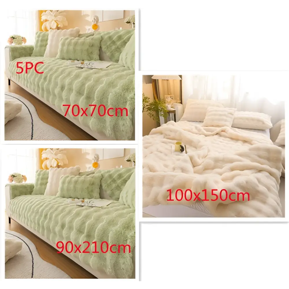 Beige rabbit velvet blanket thickened faux fur throw with soft plush green and cream quilted sofa covers